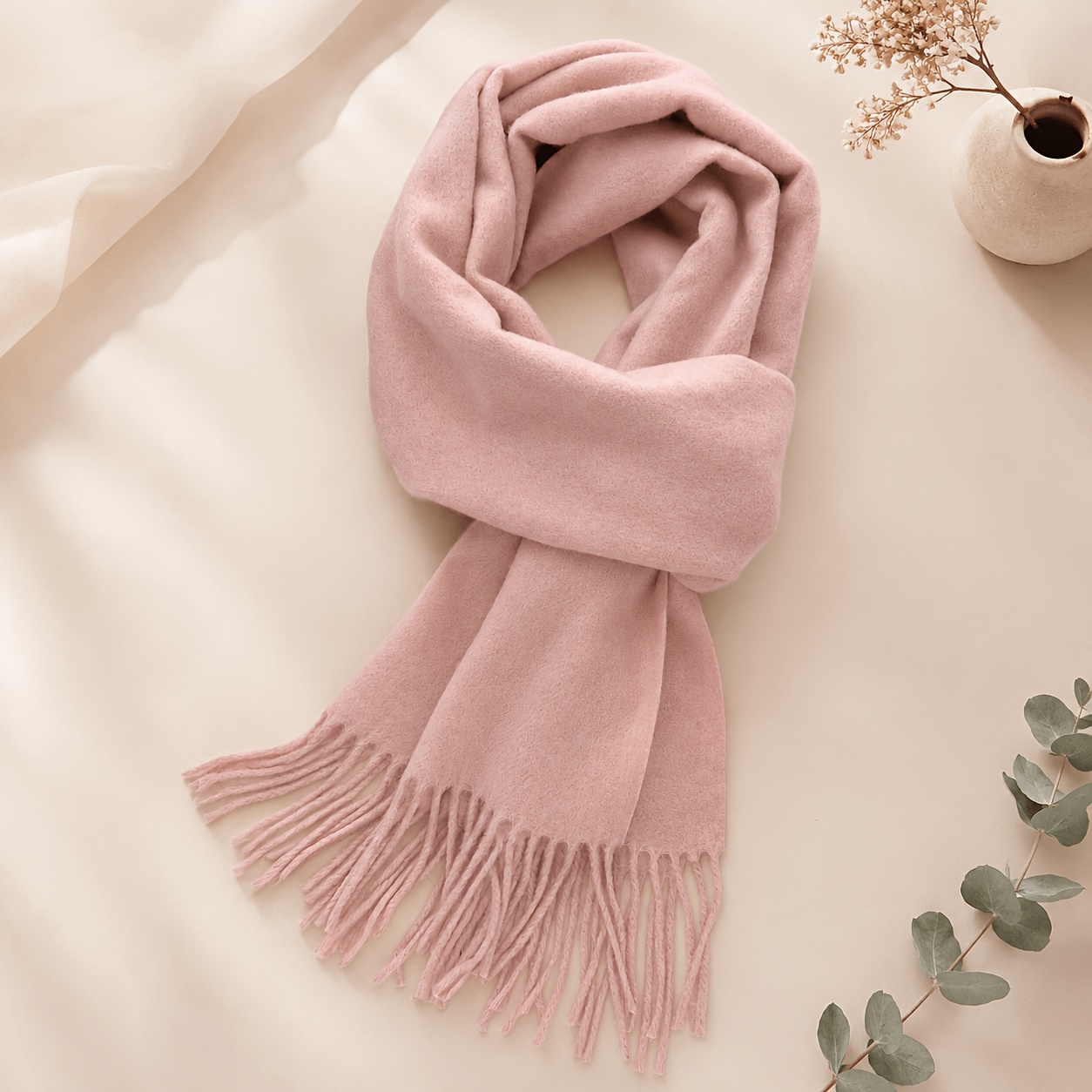TEMU 2026 New Solid Color Wool Fringe Scarf For Women, Autumn/winter Soft And Warm High-end Long Shawl Scarf, Versatile For Men And Women, Suitable