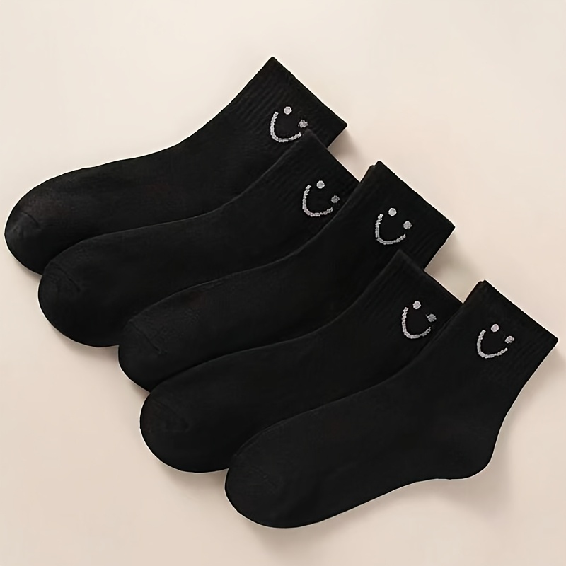 Image of 5 Pairs Of Black Cute Cartoon Mid-calf Socks With A Easy Design, Breathable And Comfortable, Perfect For Kids , Summer, Autumn, And Winter. An Ideal Gift That Worn At Home Or For Back-to-school