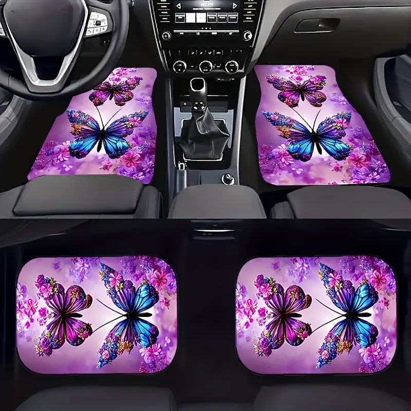

4pcs Purple Double Butterfly Pattern Car Floor Mats, Water-absorbent, Non-slip And Stain-resistant Mats, Used For Most Car Front And Rear Seat Carpets, Car Interior Protection Decoration