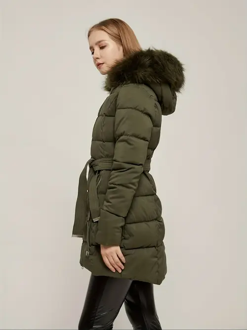 지퍼업 퍼지 트림 후디 퍼피 코트, 캐주얼 롱슬리브 포켓 미드-렝스 단열 코트 겨울용, 여성 의류