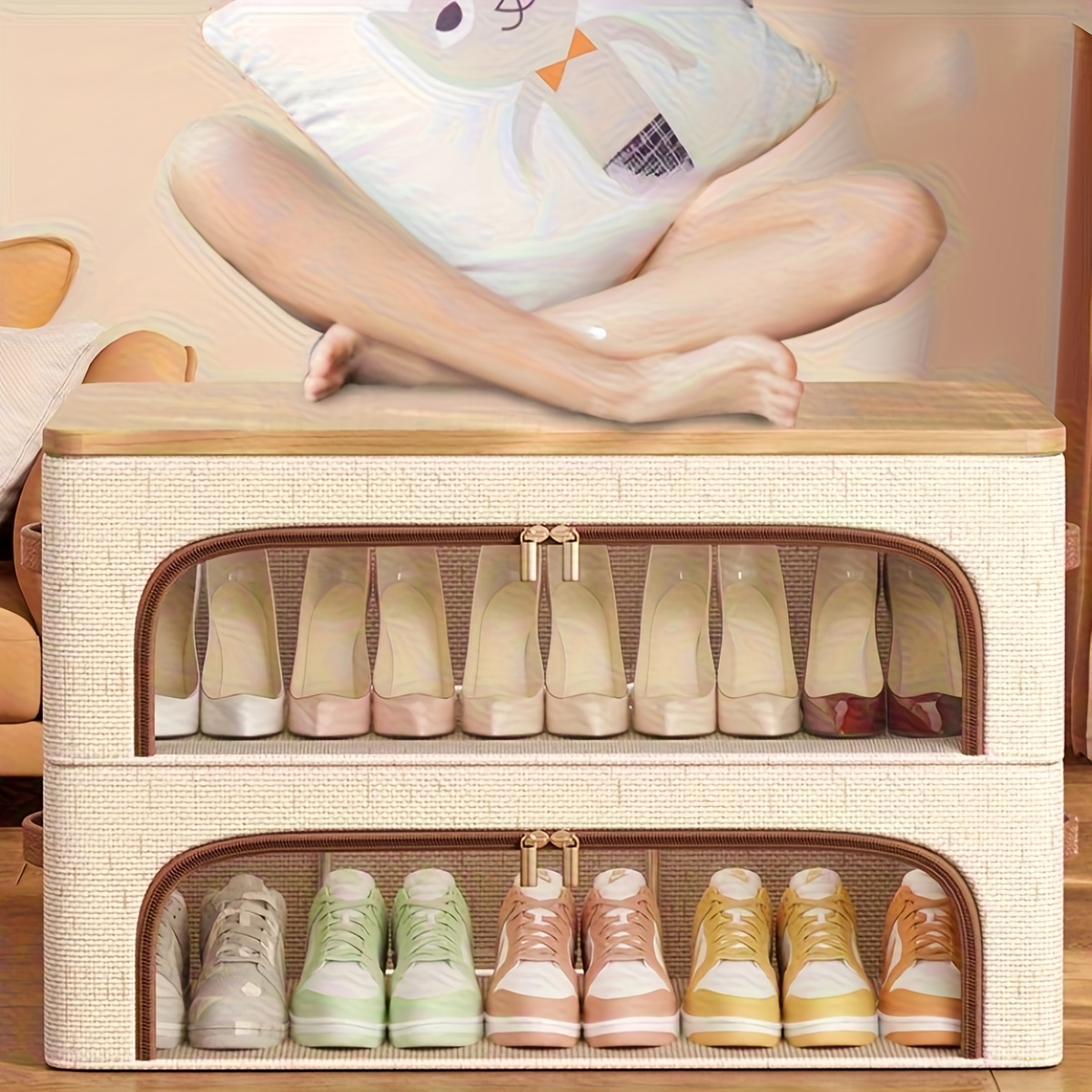 TEMU Under Bed Shoe Storage 2pcs Set | Foldable Double-window Organizer, Foldable Shoe Rack | Stackable Under-bed Storage, Double-window Shoe Cabinet