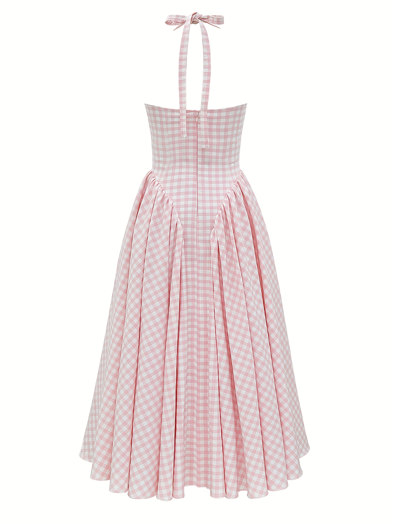 womens elegant halter neck dress pink white gingham check a