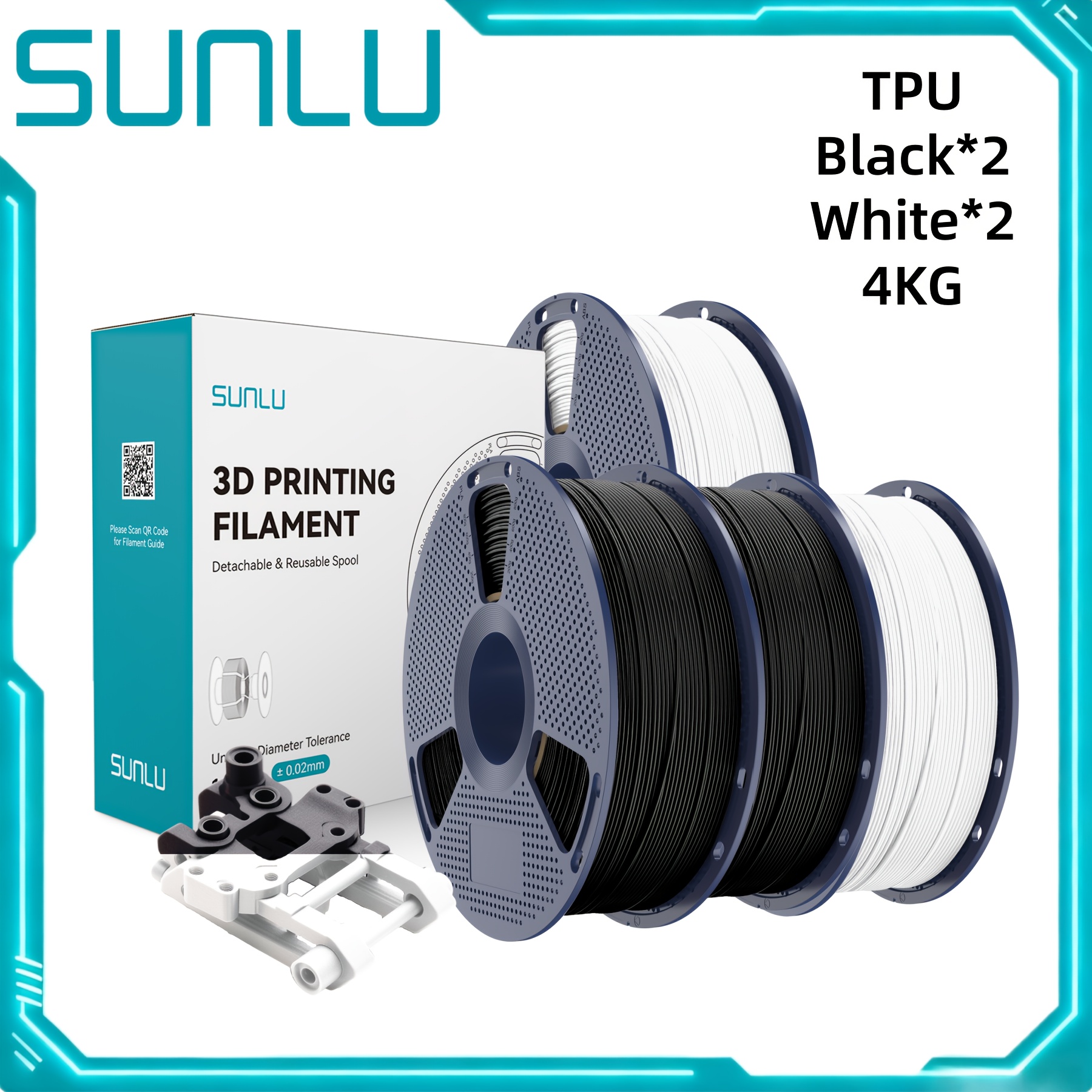 Sunlu 4kg Tpu 3d Printer Filament Kit, High Speed 95a Tpu Filament 1.75mm +/-0.03mm, Individually Vacuum Packed, Total 4kg, 1kg Per Spool, 4 Pack