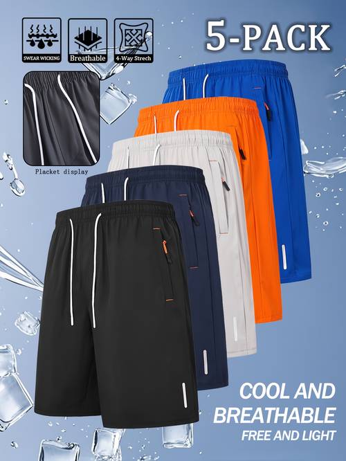 5pcs mens summer casual shorts with elastic waistband drawstring zipper pockets black white teal navy blue dark grey lightweight breathable for casual attire breathable shorts drawstring shorts stylish shorts