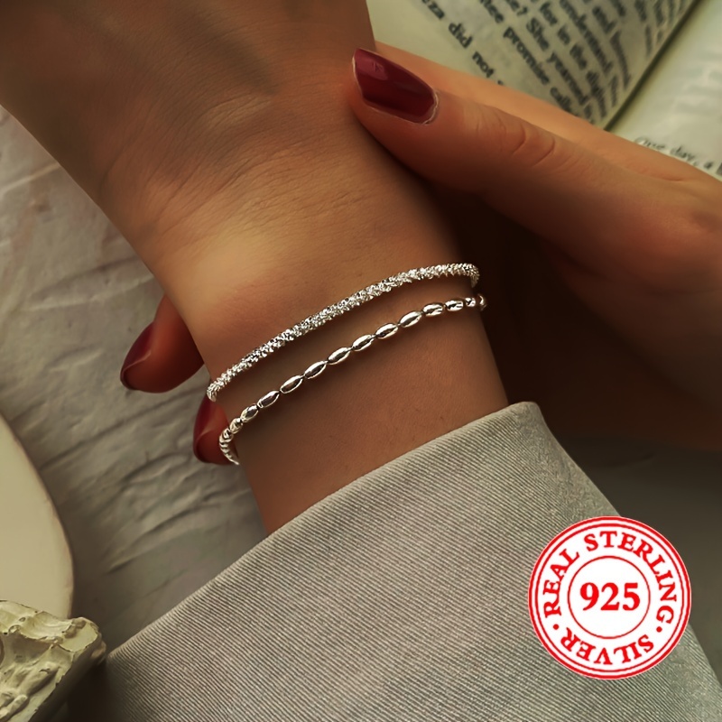 

Bracelet en argent sterling S925, bracelet à double rangée de perles de riz gypsophile de luxe, style rétro empilé, 3,6 g / 0,127 oz