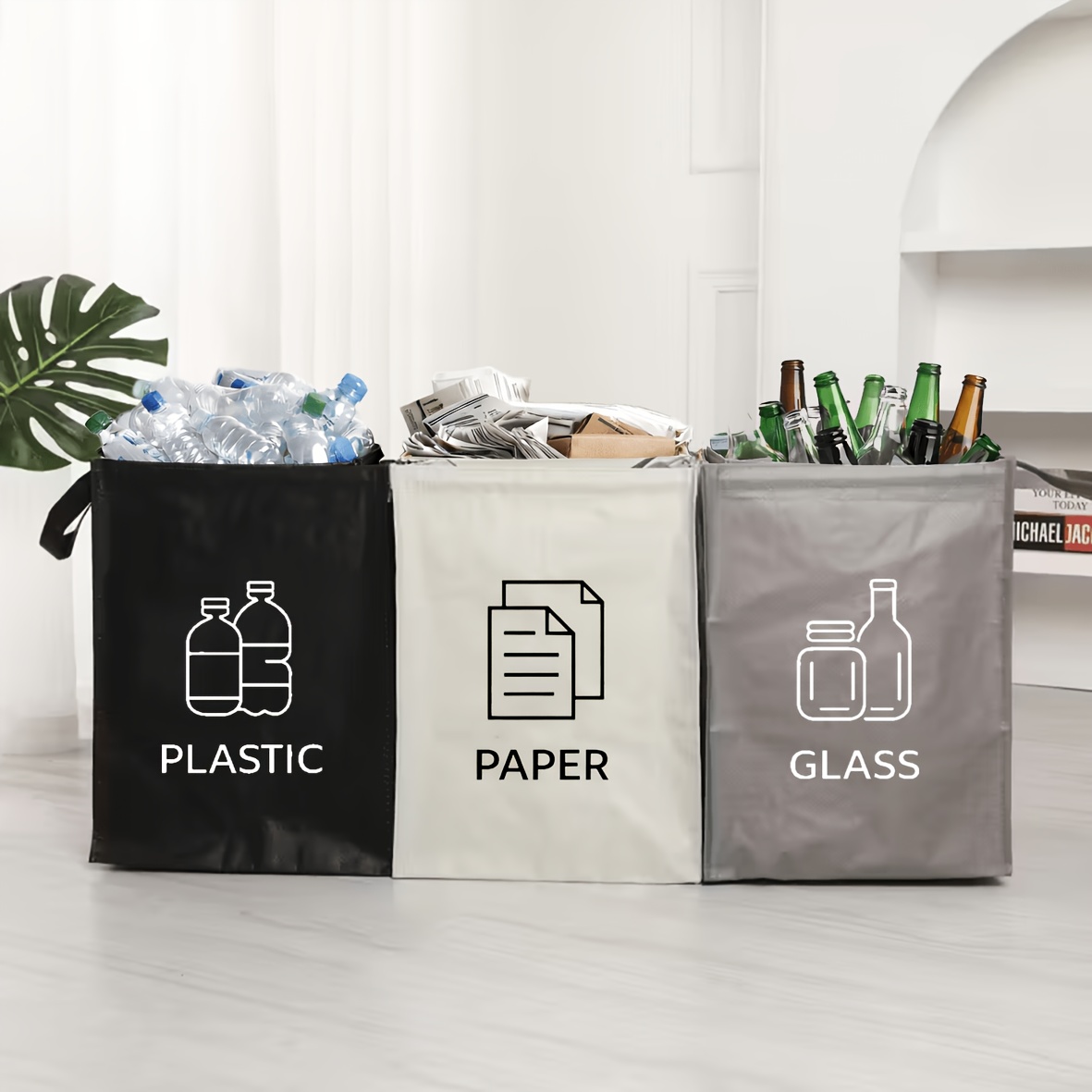 TEMU Reusable Waste Sorting Bags - Sturdy Plastic Foldable Grocery Trash Bags With Transparent Labels For Recycling, Suitable For Home And Business