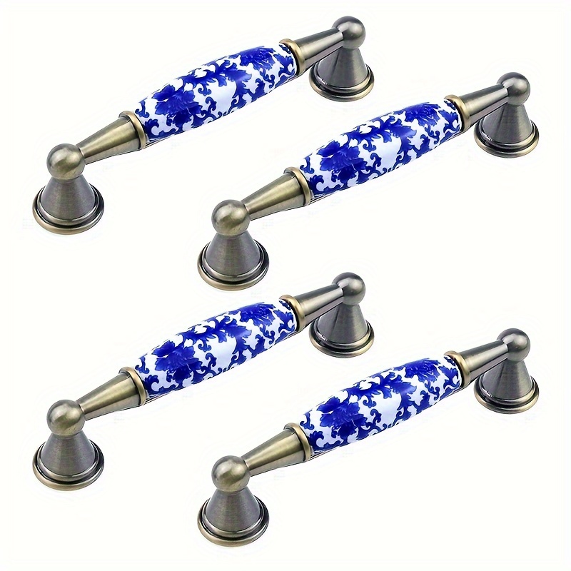 

Boutons de tiroir en céramique avec finition bronze antique, poignées de tiroir à motif floral bleu, poignées de vanité en porcelaine pour armoires de cuisine, ensemble de 2