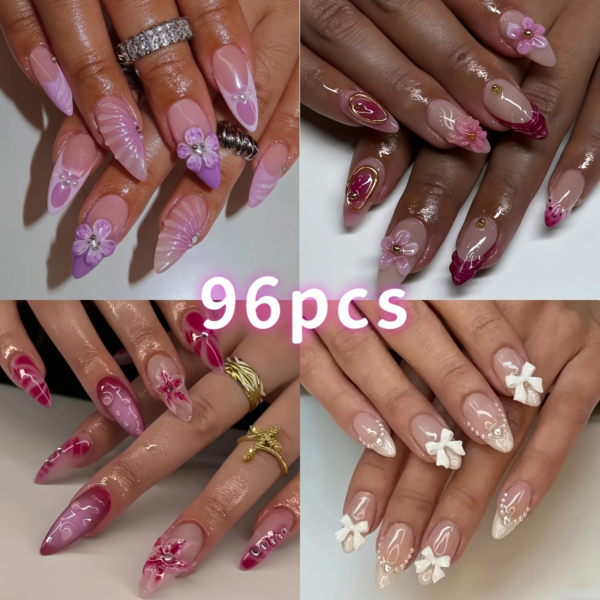 

96pcs Mixed Shaped Press On Nails Set, Middle Length, Glossy , With Floral And Glitter Patterns, Includes Jelly Glue & Nail Files, For Women And Girls, Elegant Design Gift Set