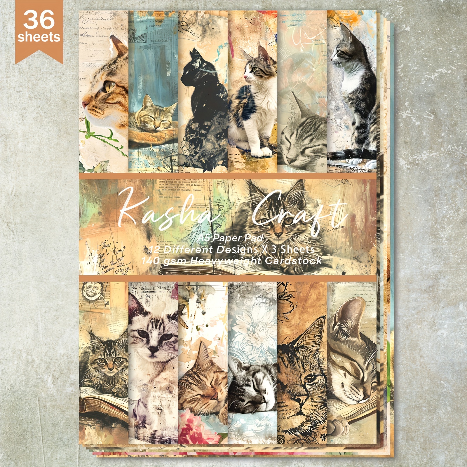 

36-pack A5 Vintage Animal Themed Cat Patterned Scrapbooking Paper Pad, Heavyweight Cardstock For Bullet Journals, Junk Journaling, Greeting Cards, Photo Albums & Crafts