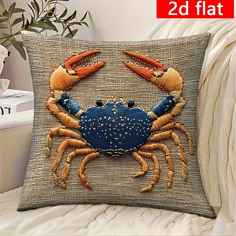 TEMU 2d Flat Printing 1pc Vintage Style Crab Design Pillowcase, Zipper Closure, Single-sided Print, 18x18 Inches, Short Plush Cushion Cover, Machine