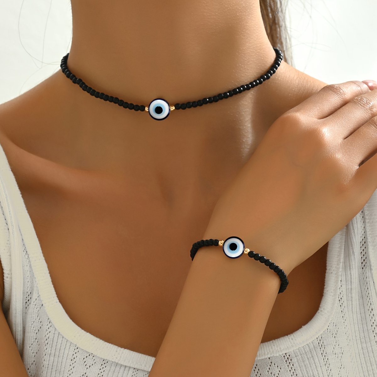 2pcs Stylish Minimalist Retro Turquoise Eye Beaded Bracelet And Necklace Set