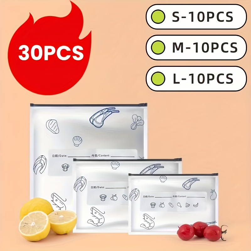 E-shop 30er-Pack wiederverwendbare Alufolien-Vakuumverschluss-Gefrierbeutel | Hochbelastbar für Obst, Gemüse, Fleisch, Snacks | 3 Größen
