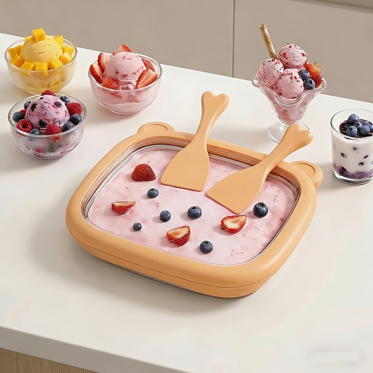TEMU Rolled Ice Cream Maker Tray, New Bear-shaped Rolled Ice Cream Machine, 304 Food-grade Stainless Steel, No-electricity Required, Household Yogurt