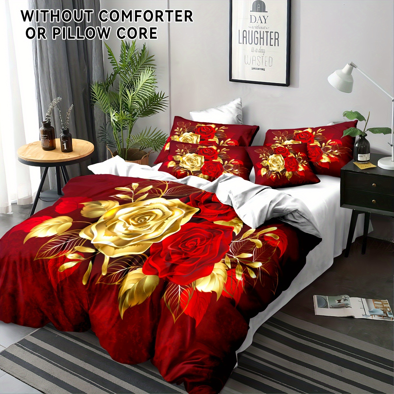 Image of 3pcs Polyester Romantic Rose Print Bedding, Suitable For Bedroom And . Soft And Comfortable Duvet Cover, Gift For , 1 Duvet Cover + 2 Pillowcases, Filling Not Included