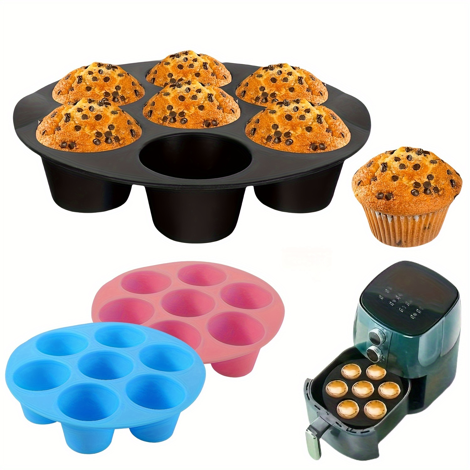 

1pc Moule à Muffins en Silicone pour 7 Tasses, Plateau pour Friteuse à Air - Antiadhésif, Rond, 7in, 3 couleurs au choix, Convient à Micro-ondes, Démoulage Facile, de Cuisine pour et