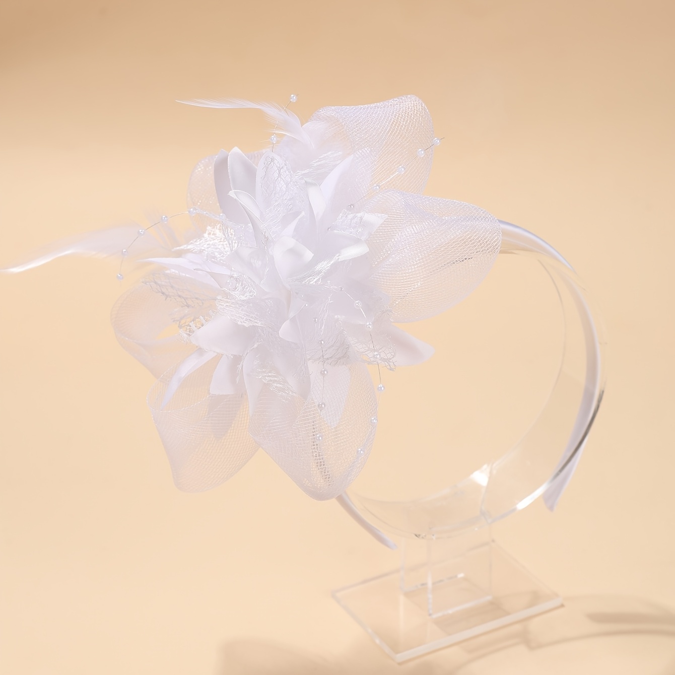 TEMU 1 Bandeau Chapeau Derby Vintage Blanc en Florale, à Double Usage pour Banquet de Fête de Courses de Chevaux Britanniques et Styling de Robe de