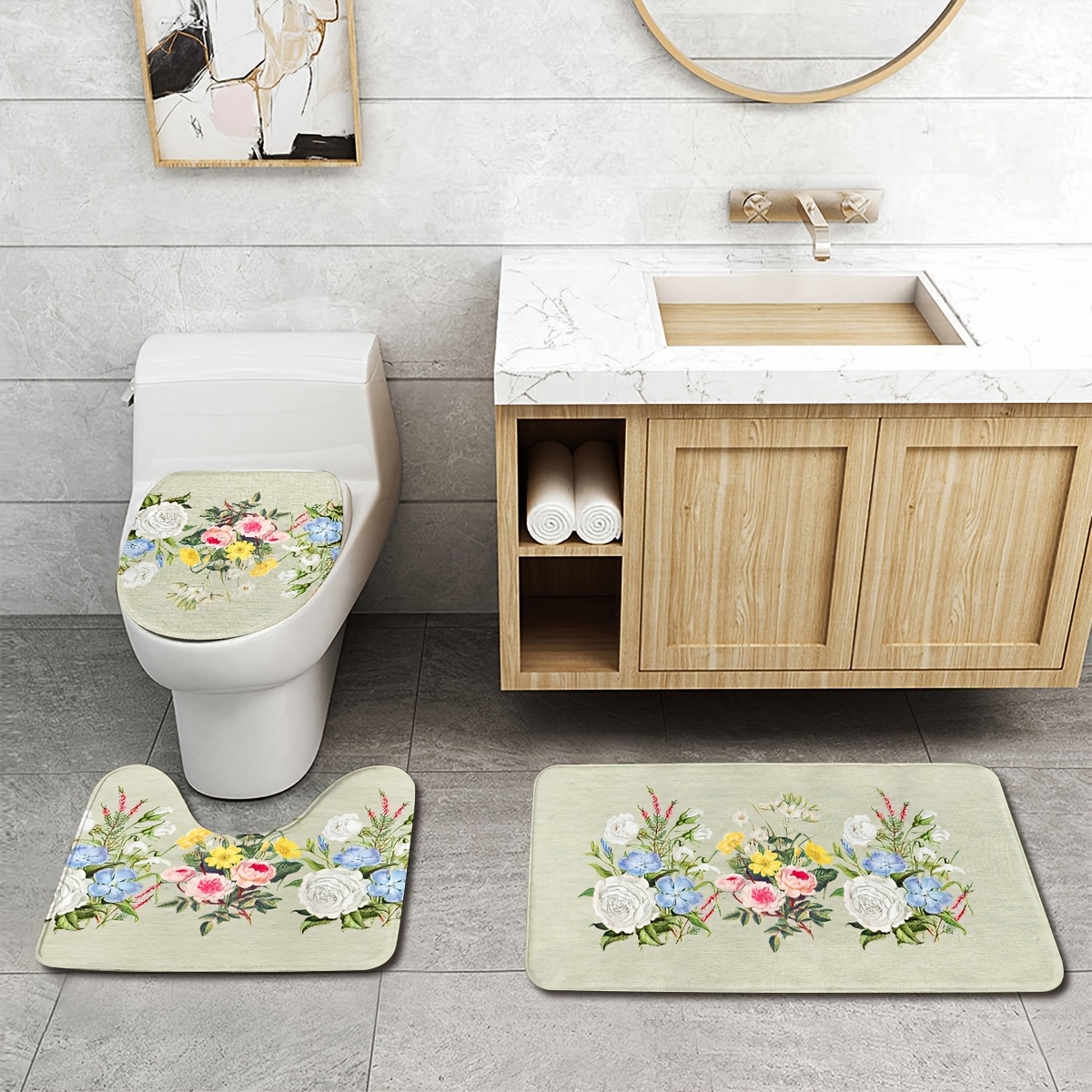 TEMU 春の花 バスマット、バスルーム用滑り止め洗えるカバーフロアラグ装飾、キッチン・バスルーム・ベッドルーム用、、セットにはバスラグ、輪郭マット、トイレ蓋カバーマットが含まれます