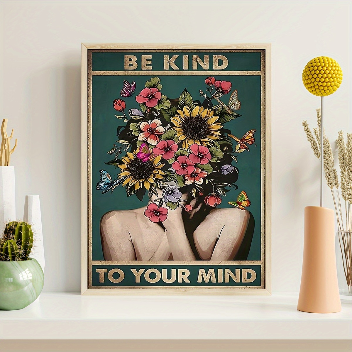 

1pc Be Kind To Your Mind Canvas Wall Art Decor, Retro Girl Flower Wall Decoration Poster For Home Office Hotel Living Room Bedroom Decoration, Best Gifts, Frameless And Framed