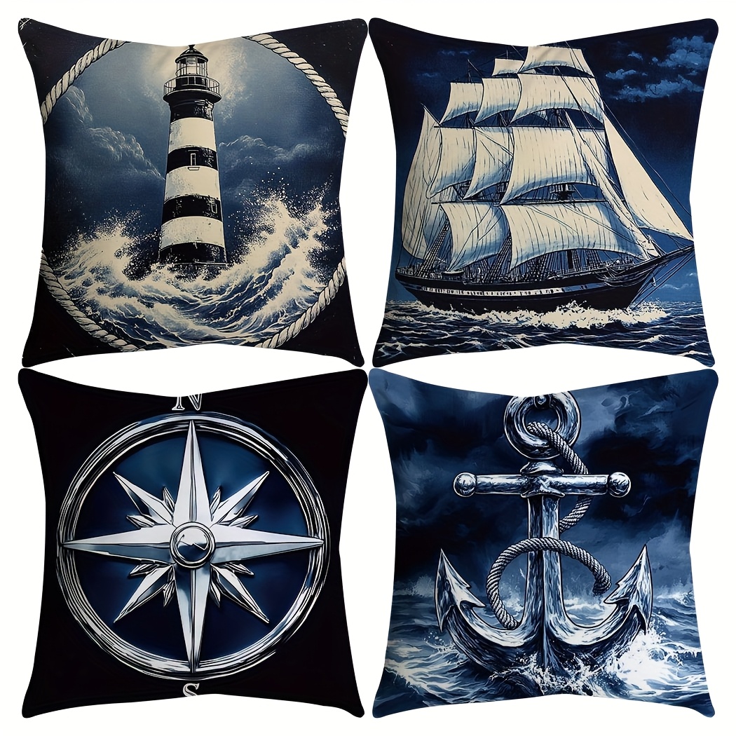 E-shop Polyester-Kissenbezüge mit nautischem Motiv (4er-Set), 18x18 Zoll, ideal für alle Jahreszeiten (Kissenfüllungen NICHT enthalten)