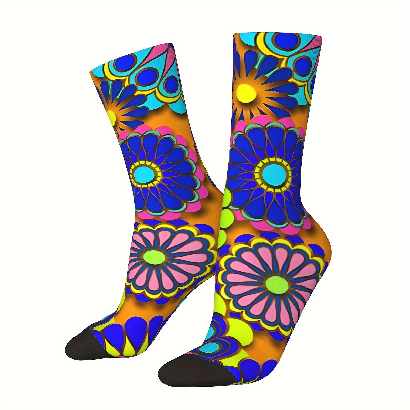 

1 Pair Of Unisex Harajuku Vintage Style Novelty Hippy Flowers Pattern Crew Socks, Trendy 3d Digital Printed Men Women Socks, Crazy Funny Socks For Gifts