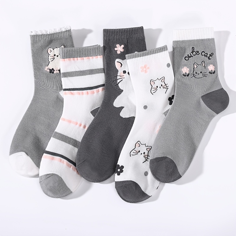 E-shop Fünf Paar süße Socken mit Katzenmuster, mittelhohe Waden, bequem und atmungsaktiv, geeignet für lässigen Streetstyle und Preppy-Style, für alle