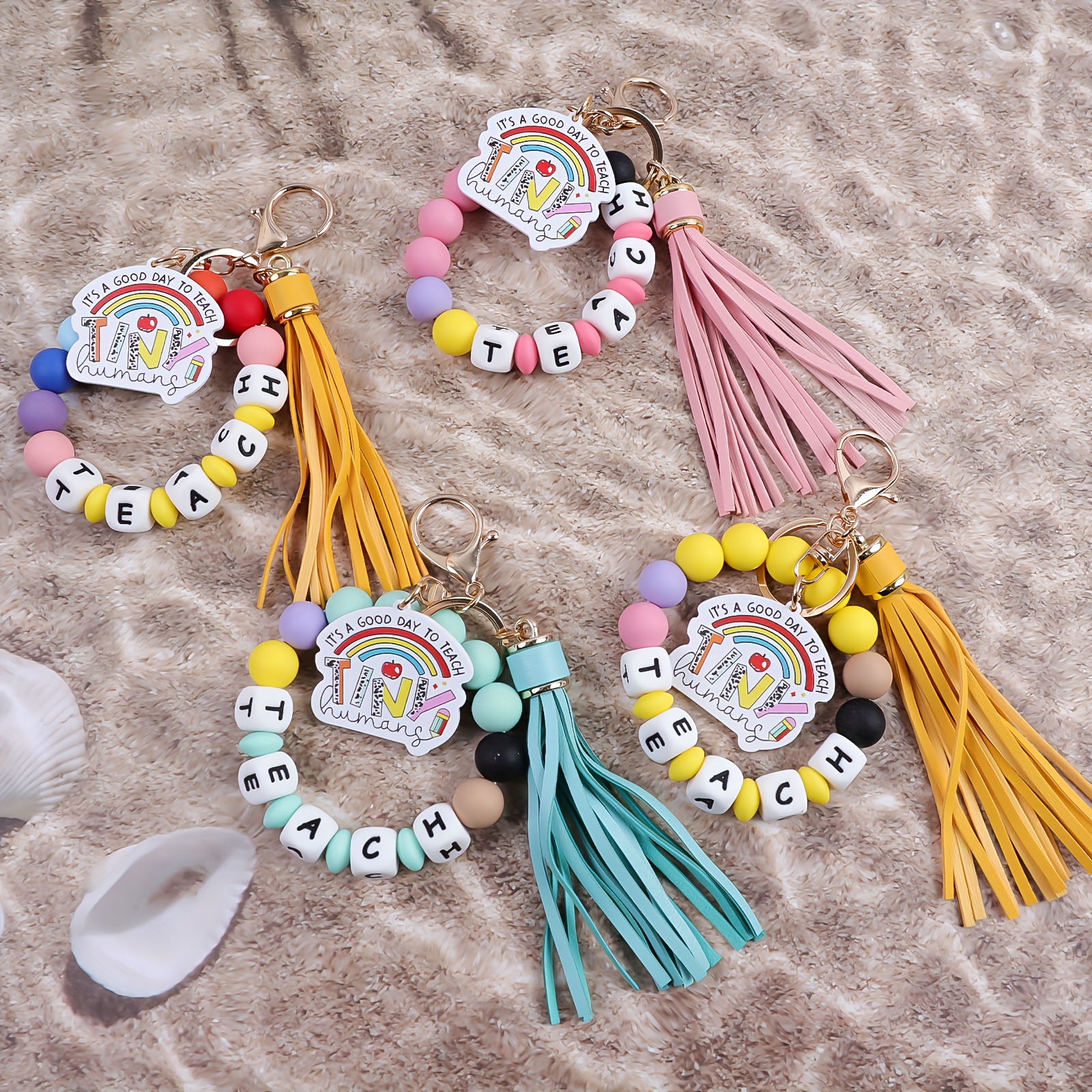 TEMU 4pcs Teach Letter Bead Wrist Keychain Featuring A Teach Pendant With A Tassel, Designed To Prevent Loss. This Men's Keychain Serves As A
