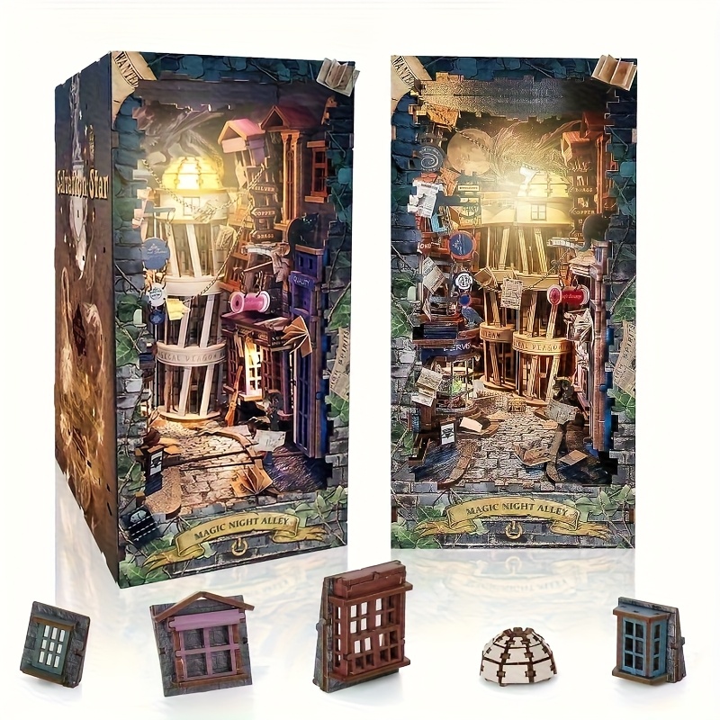 Image of Diy Magic Miniature House Book Shelf Kit - Wood 3d Puzzle With Dollhouse, For Building & Inserting Into Standard Bookshelves, For Adult/teen Birthday Gifts, Christmas, Easter, For ()