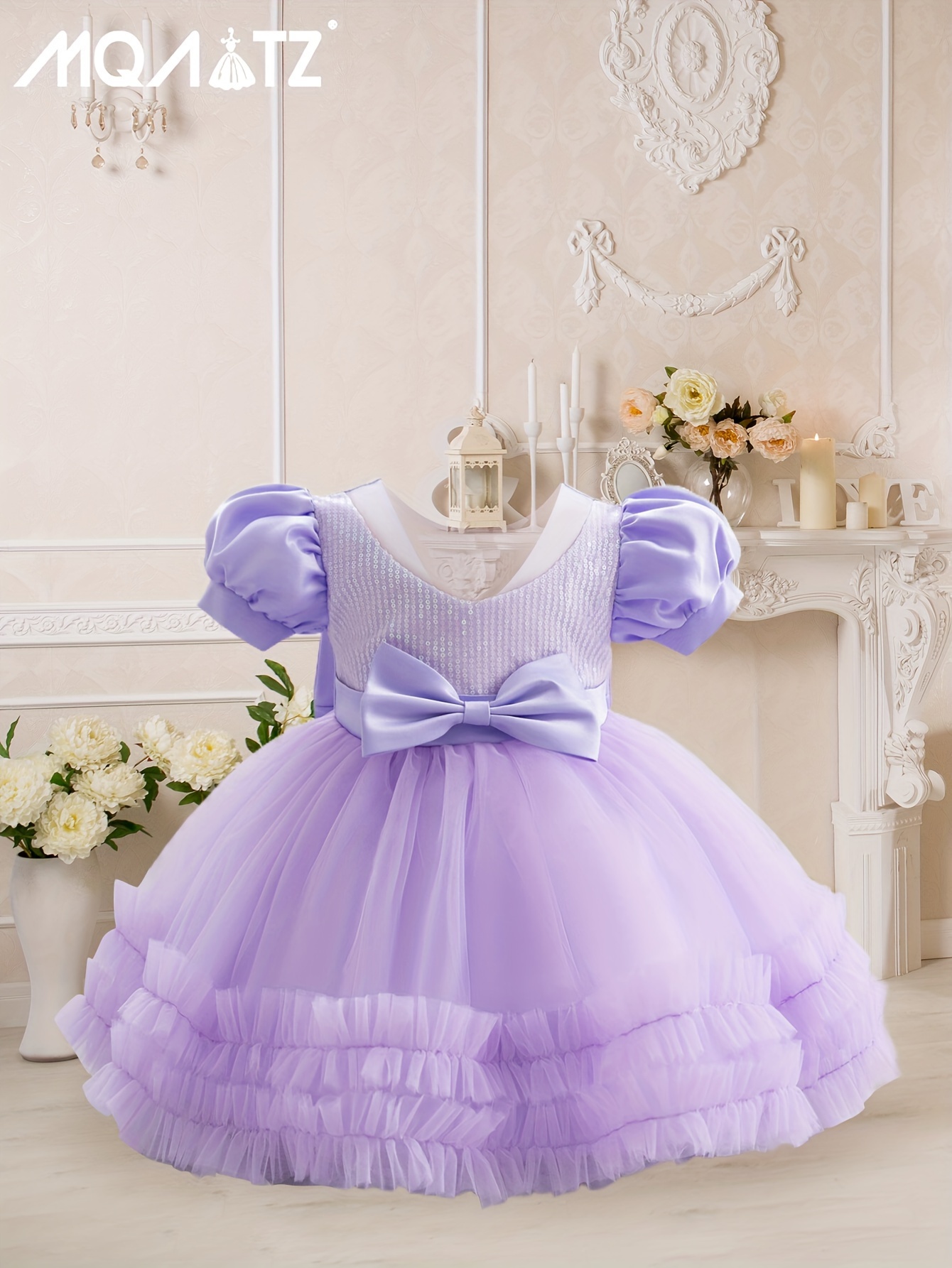 Toddler Baby Girls Formal Long Dress, Solid Color Sleeveless Ruffled Mesh  Bowknot Dress+Headband 