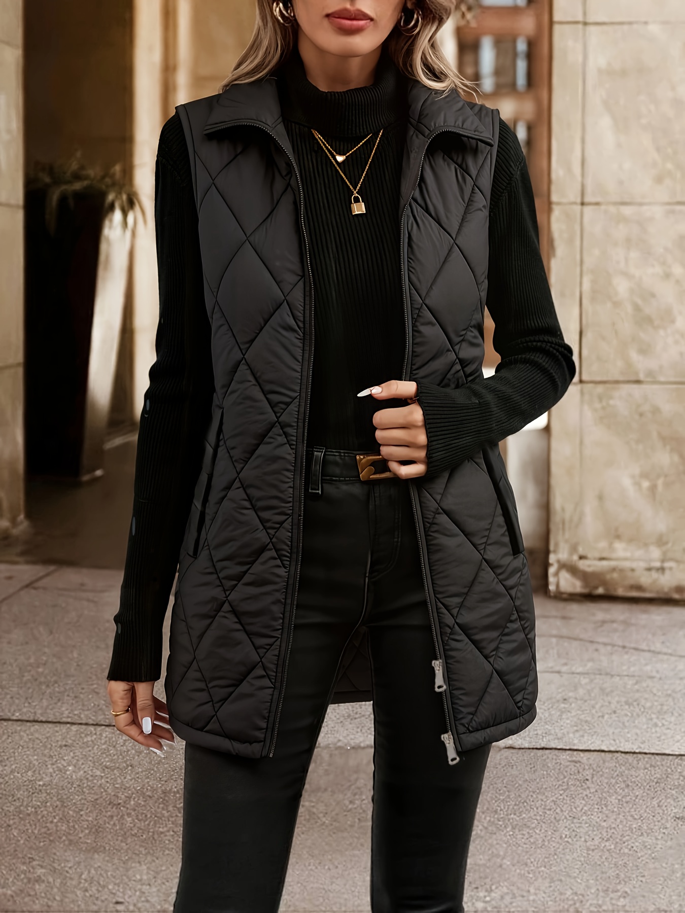 womens sleeveless   length rhombus pattern   jacket   silhouette with stand collar zipper front casual   outerwear machine washable loose fit coat with pockets