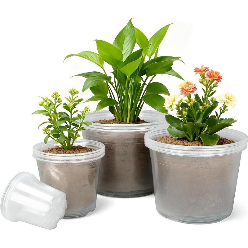 TEMU Hkkzyt 4/ 6/ 8/ 10 Inch Large Size Clear Nursery Pots For Plants, 16 Pack Plastic Plant Pots With Drainage Holes, Durable Seedling Starter Pot