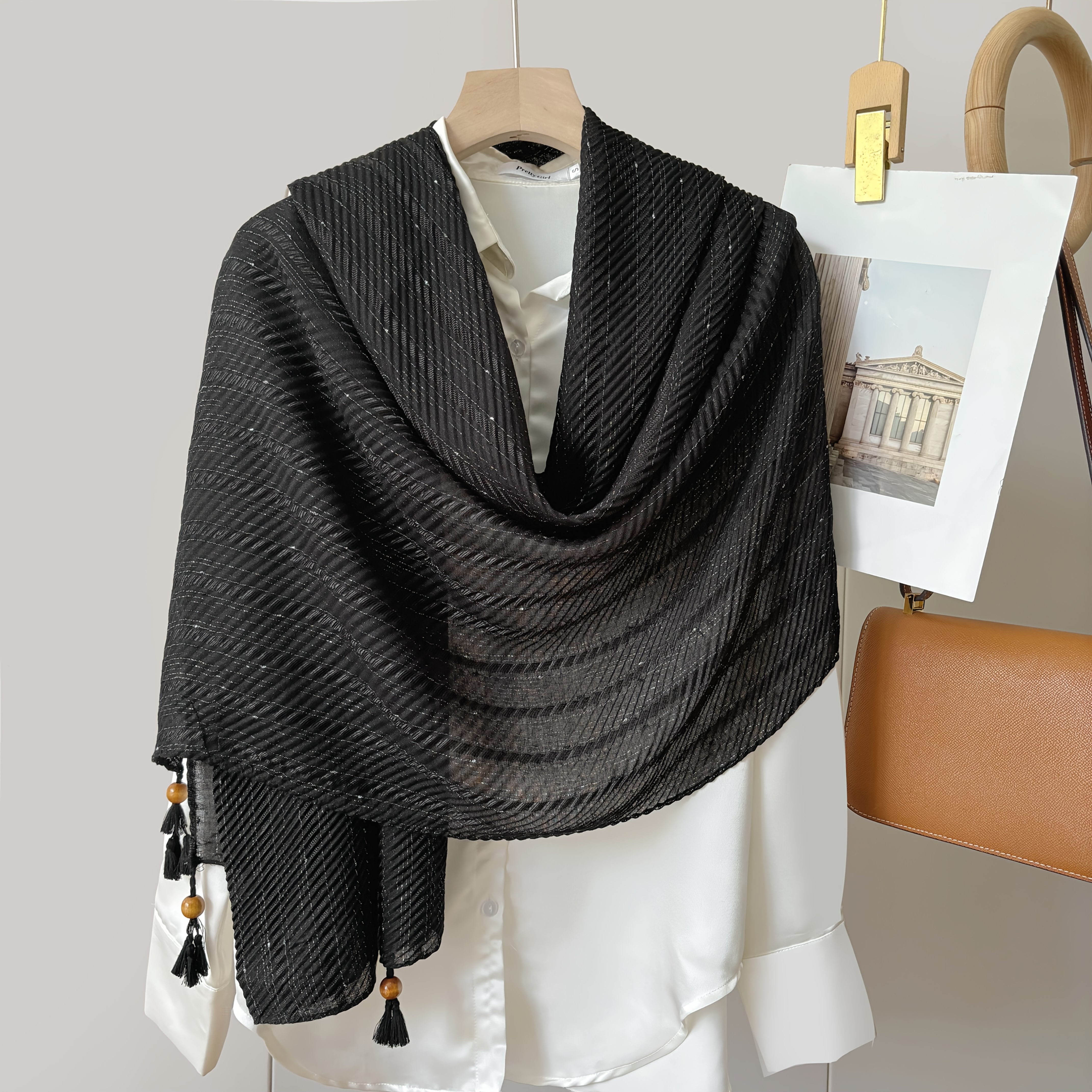 Colorful Dot Herringbone Scarf Wooden Bead Pendant Tassel Solid Color Women's Shawl Scarf