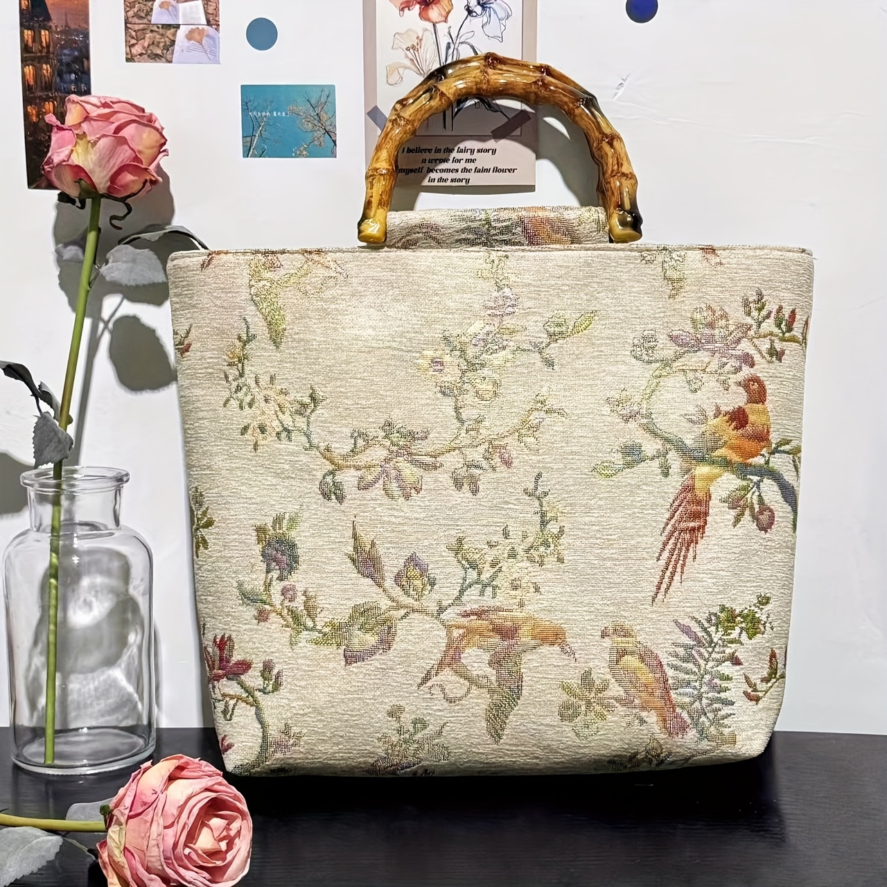 New Style Bird-themed Bamboo Handle Tote Bag With Double-sided Design, Large Capacity, Includes Inner Pocket, Perfect For Attending Evening Events Or As A Gift