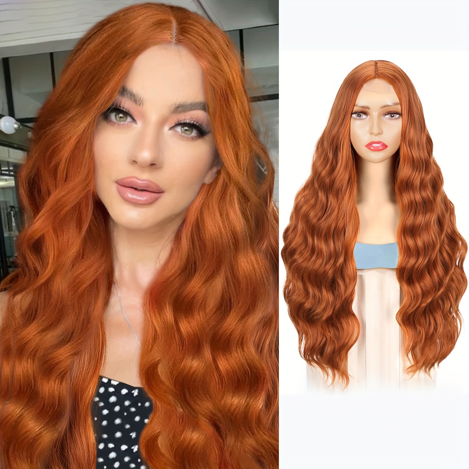 Long Wavy Ginger Wig For Women Middle Part Lace Body - Temu Malaysia