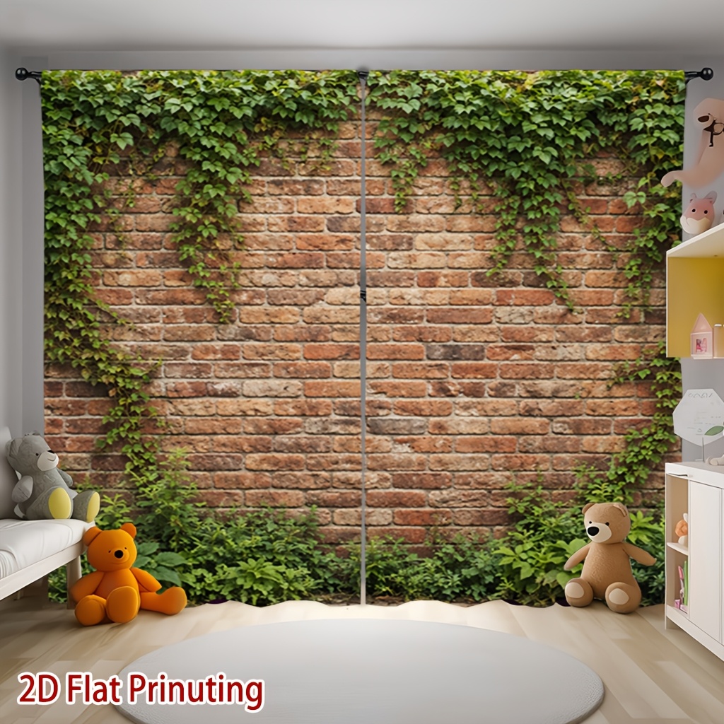 TEMU 2pcs Brick Wall With Print Curtains, Soft Light Filtering And Privacy Protection, Rod Pocket Installation, Suitable For Living Room, Kitchen,