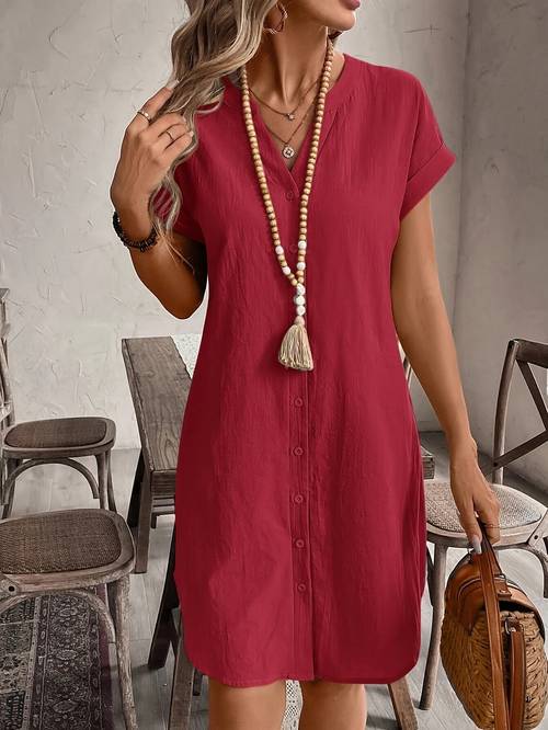 eleganter stil 2025 europäisches amerikanisches sommer neues einfarbiges v-ausschnitt knopf locker casual kleid