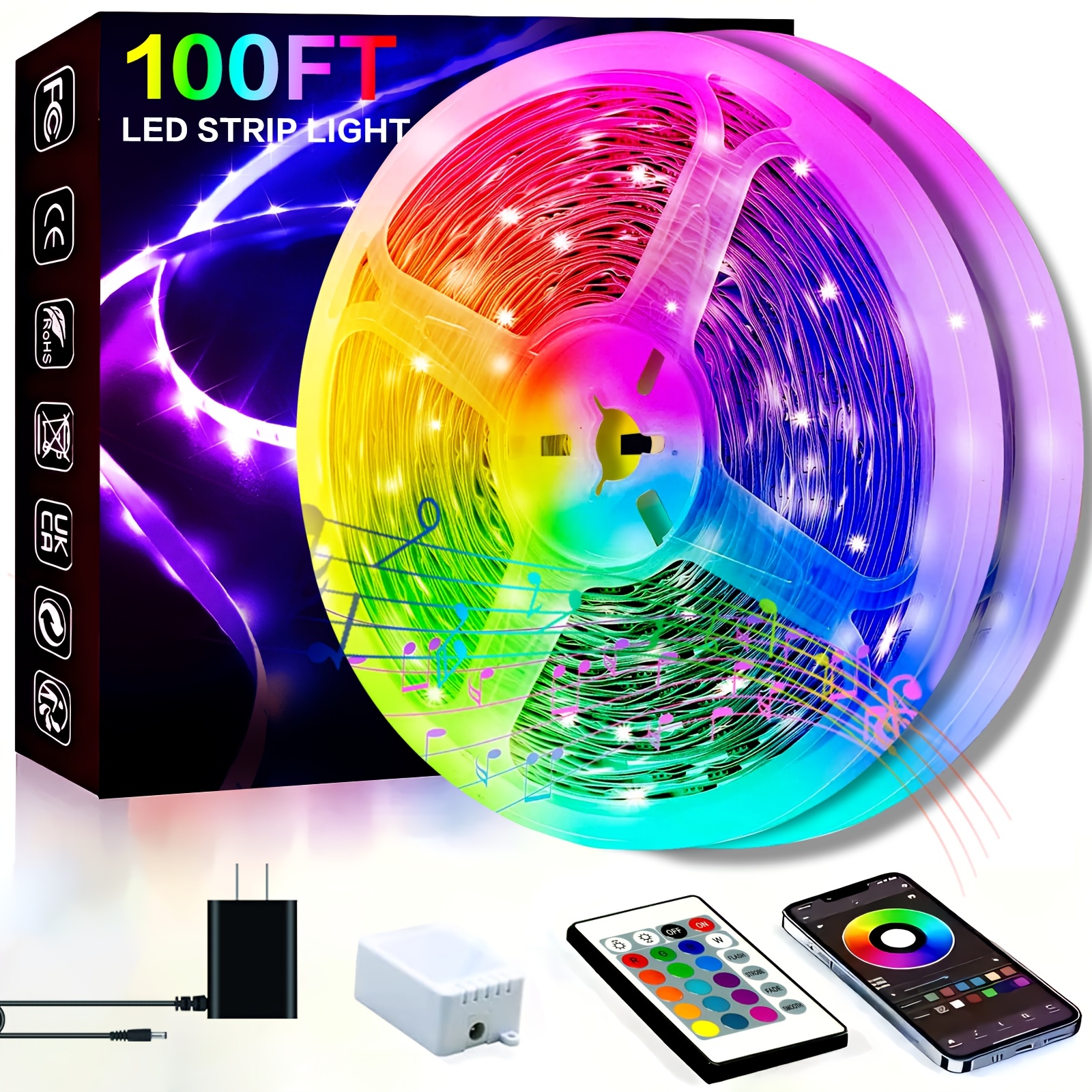 TEMU 100 Foot Led Light In Bedroom, With Remote And Application Control Rgb Color Changing Led Light Strip, Music Synchronization, Used For Room,