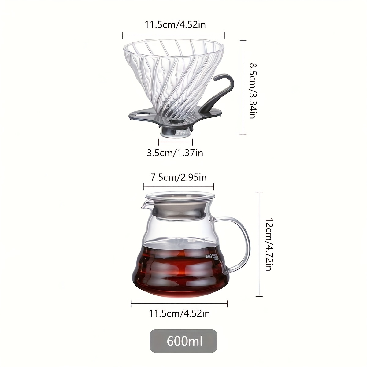 TEMU 2pcs/set Pour Over Coffee Maker, Set Includes 1pc Handcrafted Glass Coffee Dripper And 1pc Heat-resistant Coffee Server For Precise Brewing,