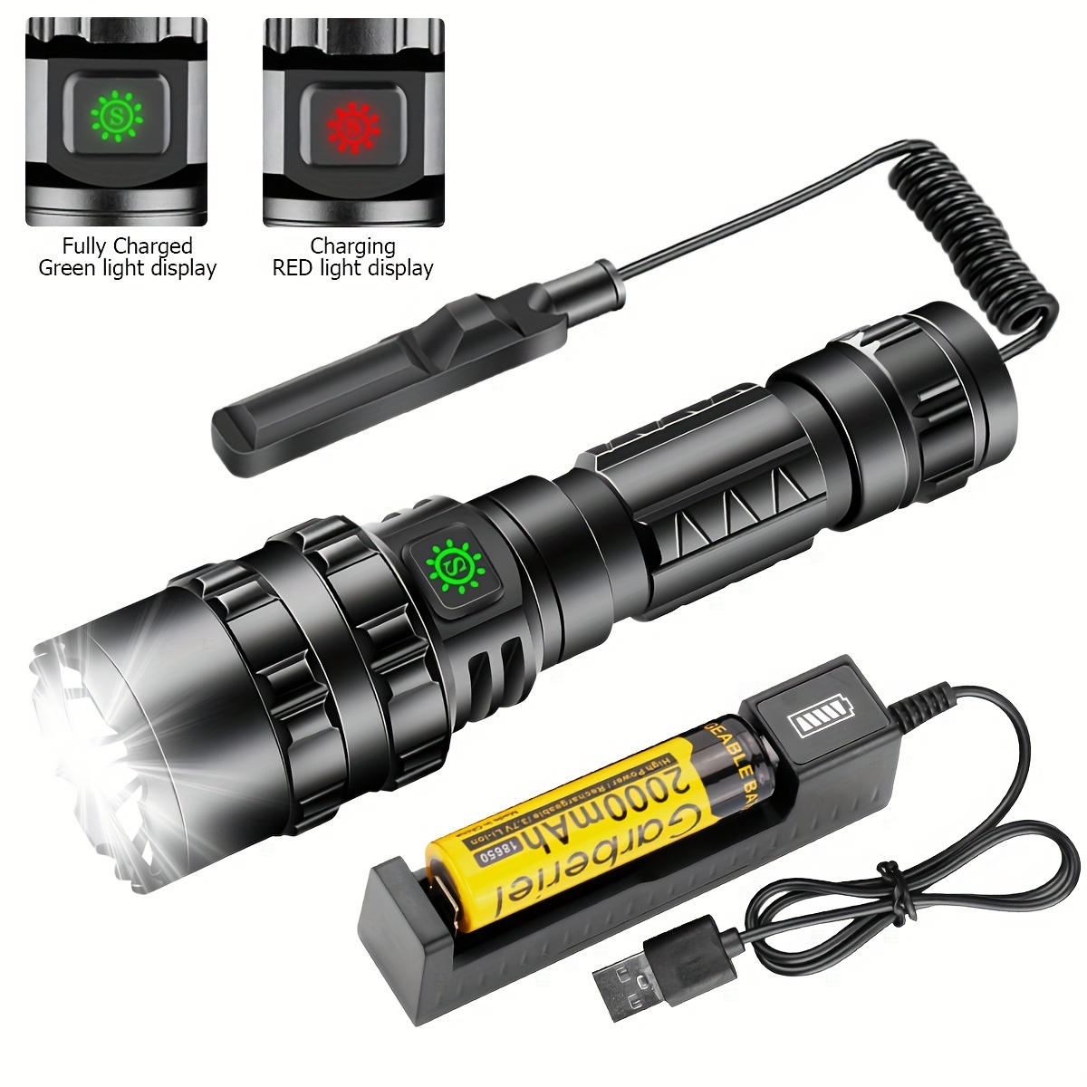 

Super Bright Led Flashlight, 5 Modes Powerful Usb Rechargeable Torch Light With 18650 Battery And Charger For Camping (remote Pressure Switch Included)