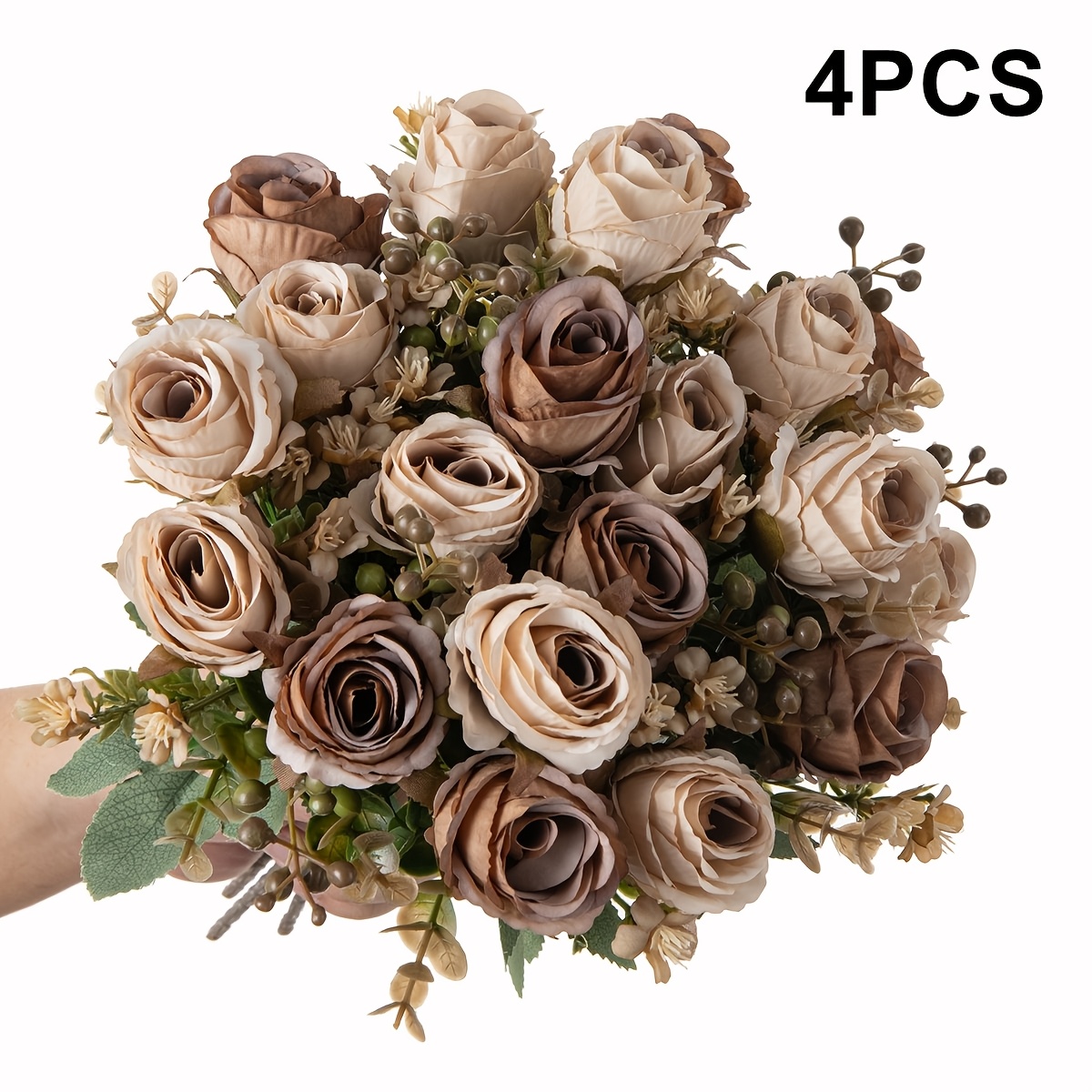 TEMU 4pcs Artificial Flower Coffee Eucalyptus Rose Bouquet, Indoor Room Bathroom, Dining Table Center Vase, Spring Autumn Outdoor Garden, Diy Wedding