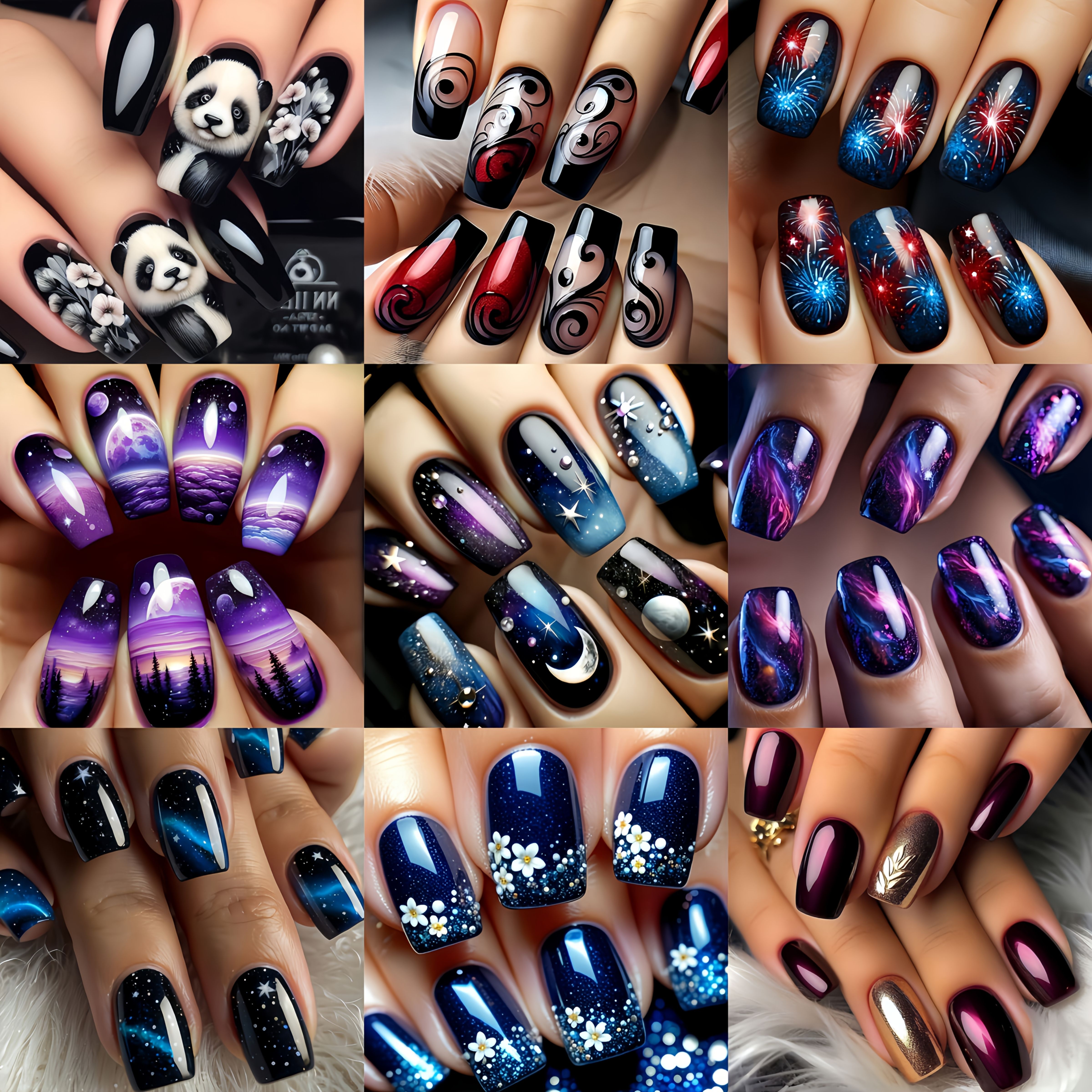 Image of 216pcs Of Medium-length Square False Nails Featuring Designs Of Flowers, Stripes, Pandas, Stars, And . Removable Press-on Nails Are Durable And Perfect For Nail Art Enthusiasts