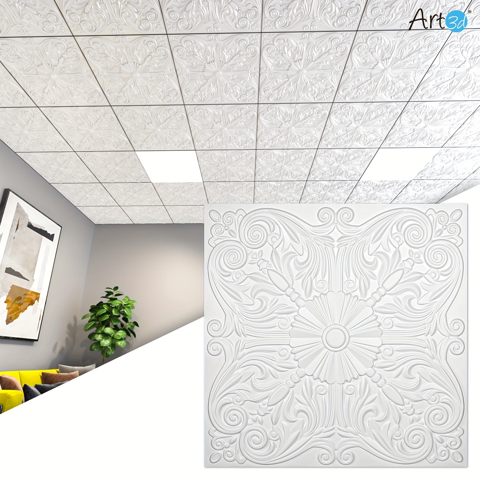 

12-pack Drop Ceiling Tiles 24"x24" Ceiling Panel, Fancy Classic Style In White, 48 Sq Ft/case