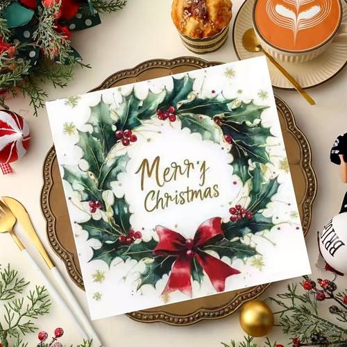 20pcs elegant golden burgundy christmas party napkins with bow golden snowflake print 2 ply paper tableware for weddings birthdays xmas dinners winter celebrations red berries leaf pattern table setting decor