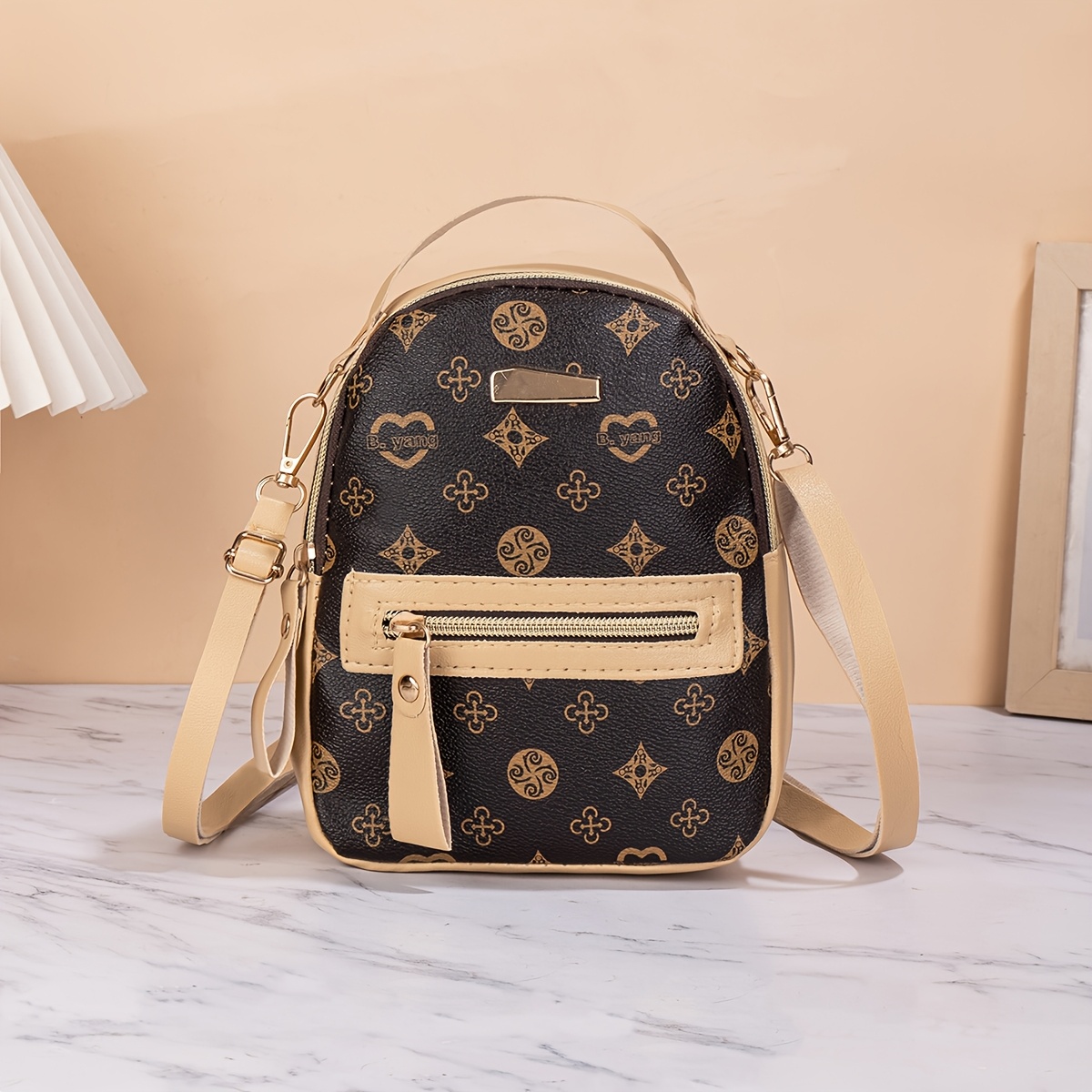 TEMU Mochila estampado geométrico y correa cruzada, bolso cruzado elegante y versátil para mujer con tela estampada, adecuada para el desplazamiento