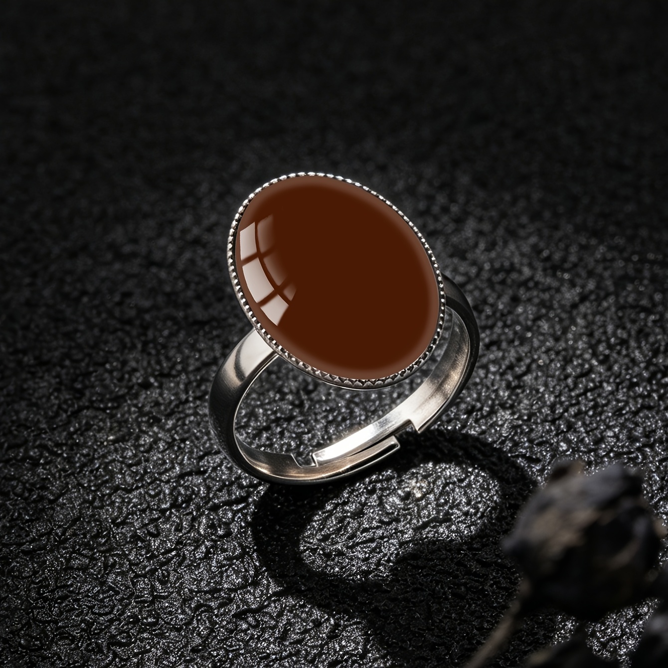 Women's Dark Brown Red Agate Pattern Oval Open Ring, Retro Style