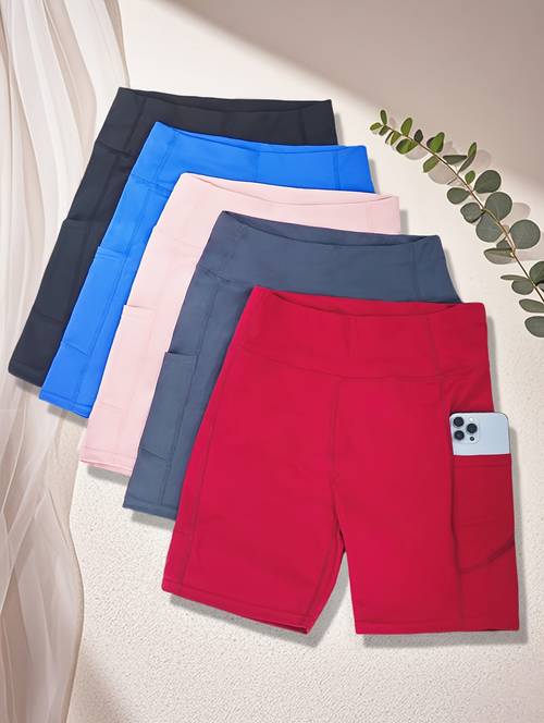 5pcs womens elasticated yoga shorts with pockets high waisted for abdominal support suitable for exercise running and cycling sweat absorbing elasticated cycling pants training and running 5pcs yoga shorts
