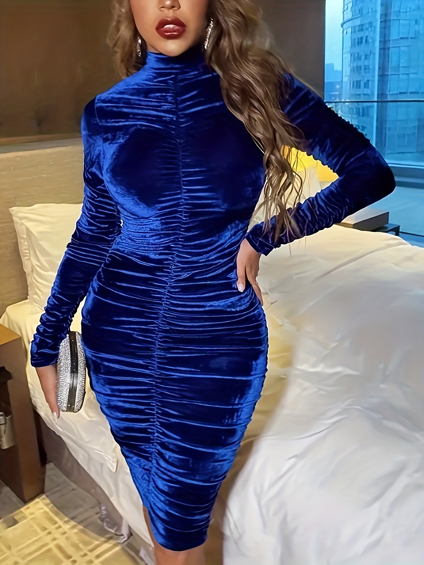 solid velvet turtleneck ruched bodycon hip hugging dress - Temu Qatar