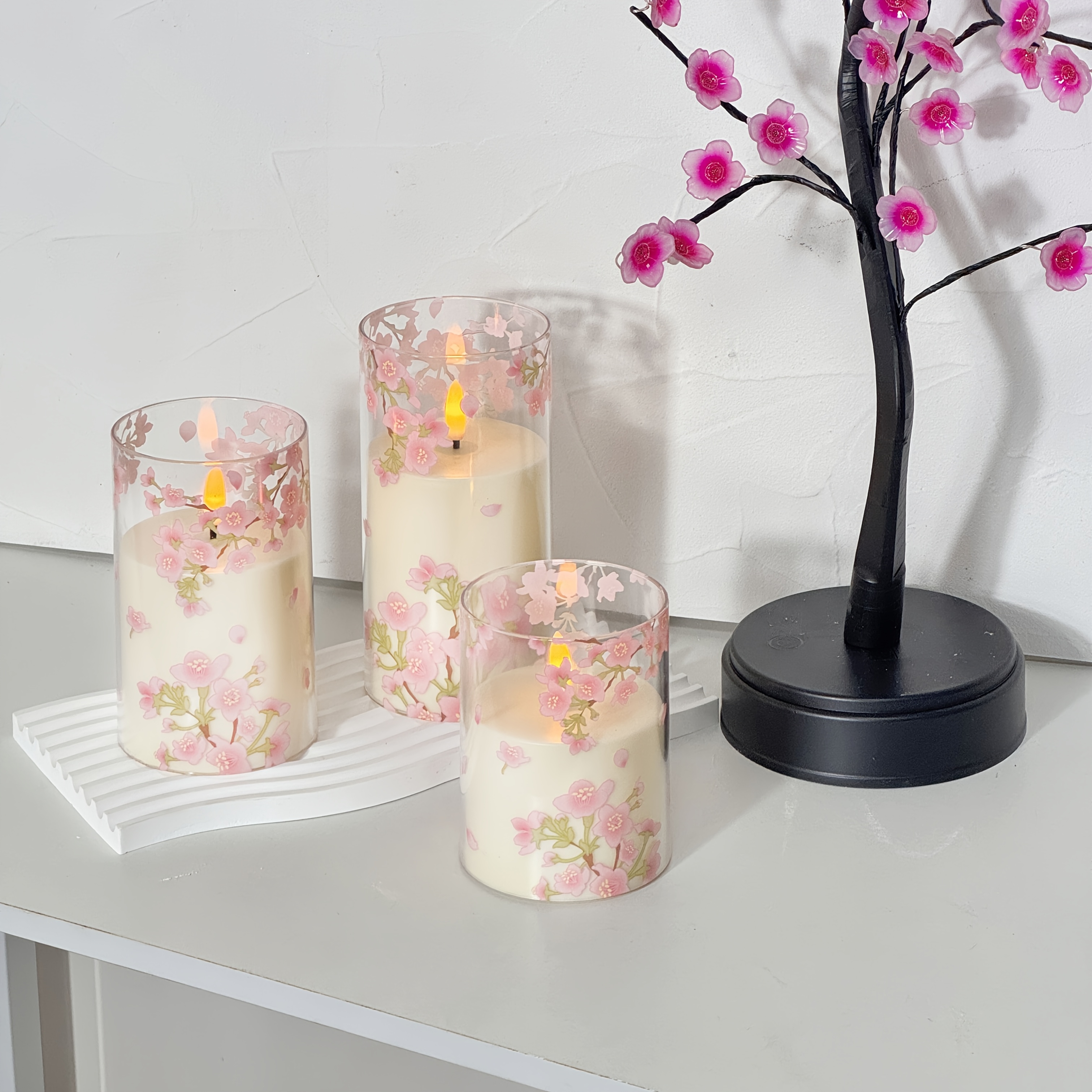 3 stuks Elegant Roze Peonie & Kersbloesem Kaars Set