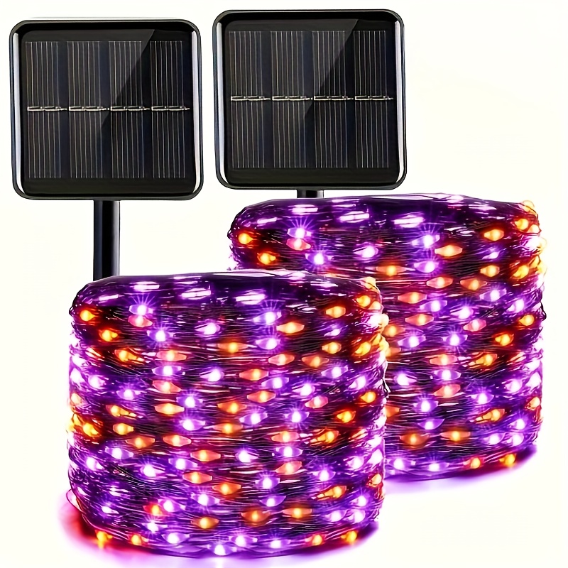 TEMU 2pcs Solar Copper Wire String Lights - Halloween Decoration, Outdoor/indoor Fairy Lights, Warm Orange & Purple Glow For Garden, Halloween,