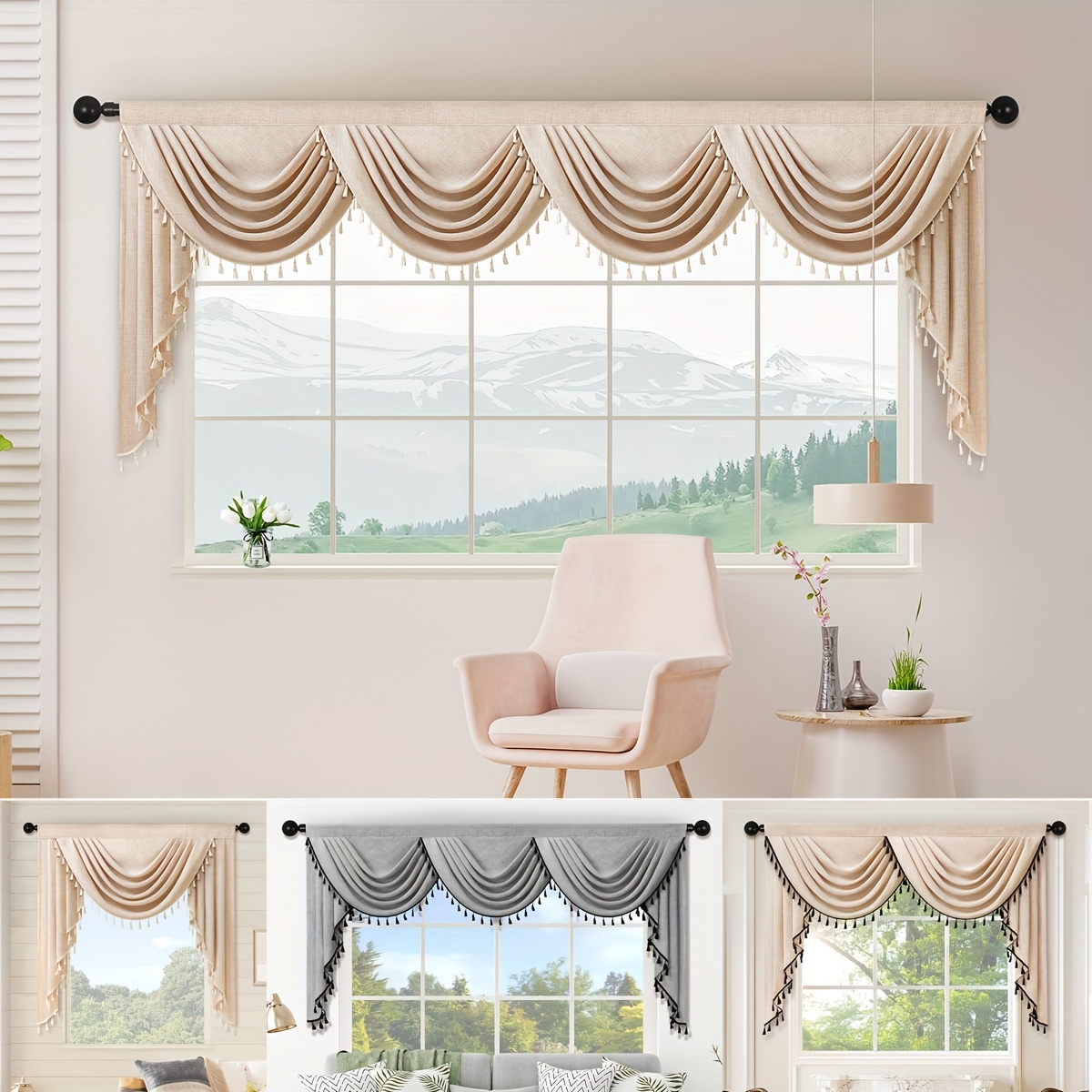 *. Einfacher europäischer Stil einfarbiger * Vorhangkopf, dekorativer Fensterschal, leichter Quasten-Short Canopy, halbtransparentes Material, Stangentasche * für Küchen, Wohnzimmer,