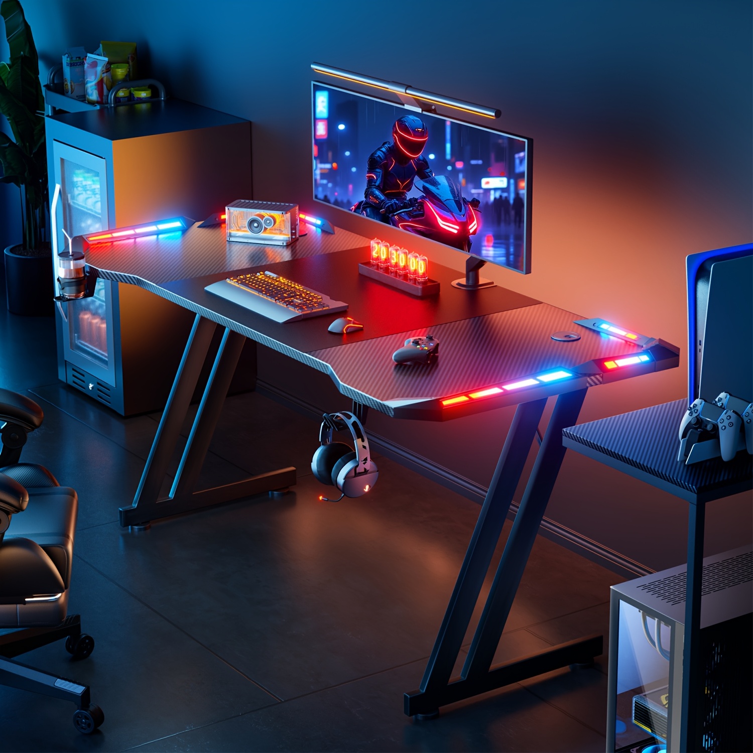 HOME DESK Gaming Desk With LED Lights Carbon Fibre Surface Gaming Table Large Computer Desk Ergonomic Home Office Desks Z Shaped PC Gamer Workstations With Headphone Hook & Cup Holder